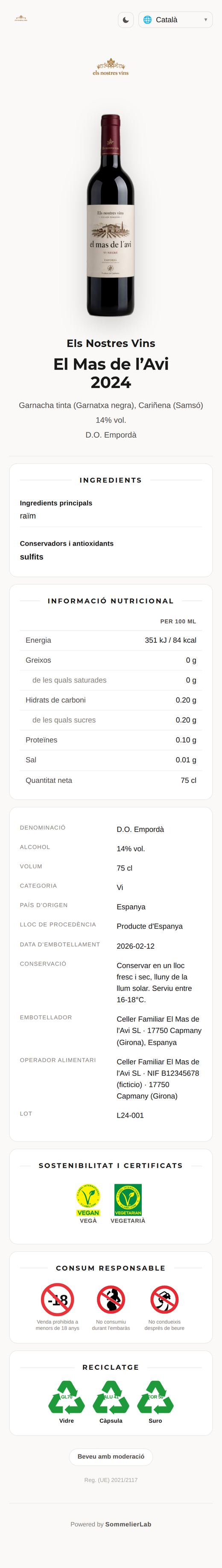 Pàgina del QR legal d'El Mas de l'Avi 2024: foto de l'ampolla, ingredients (raïm; sulfits), taula nutricional per 100 ml, embotellador, pictogrames i reciclatge.